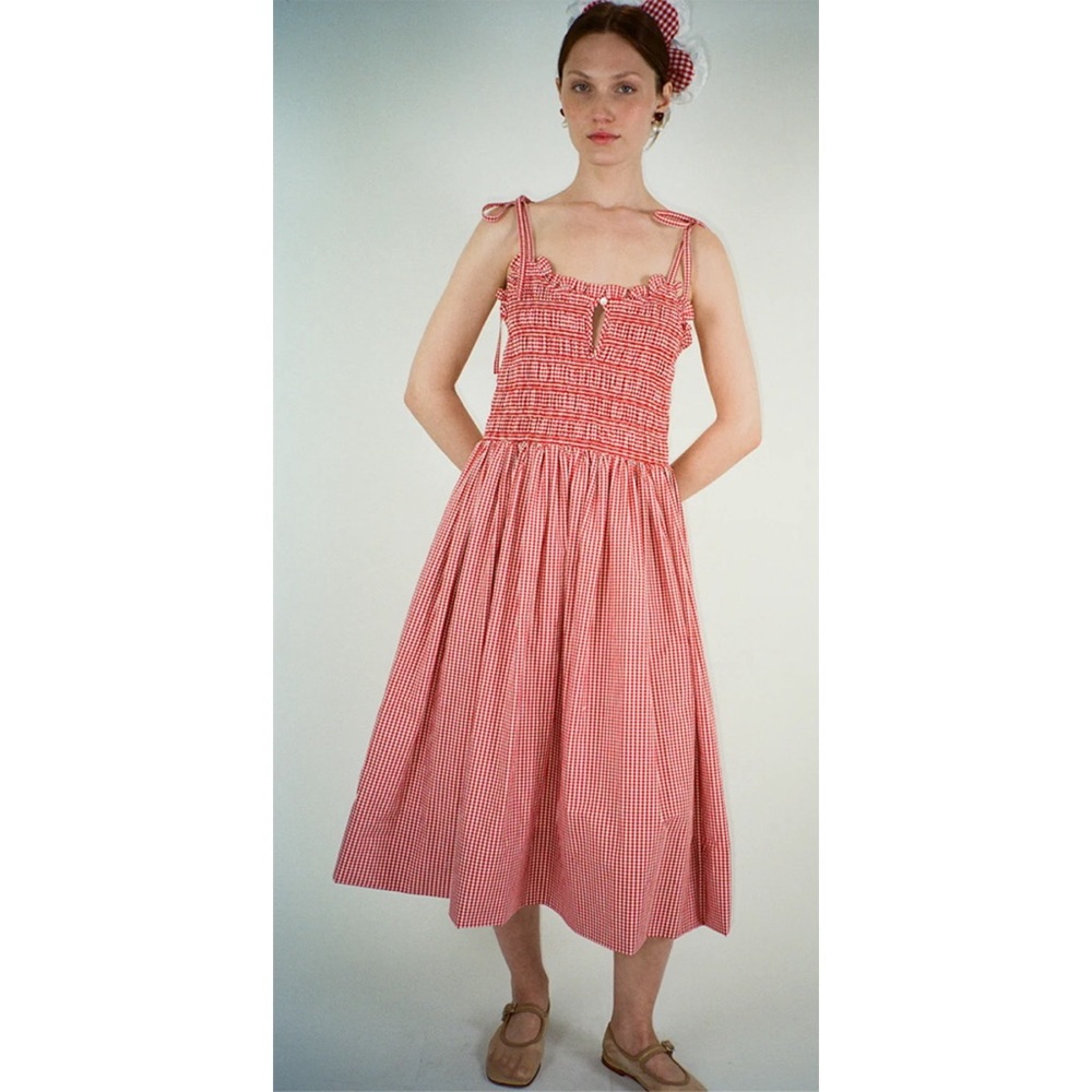 NWT SANDY LIANG Kanteen Dress in Red Gingham Picnic Check White Bow Smocked Midi